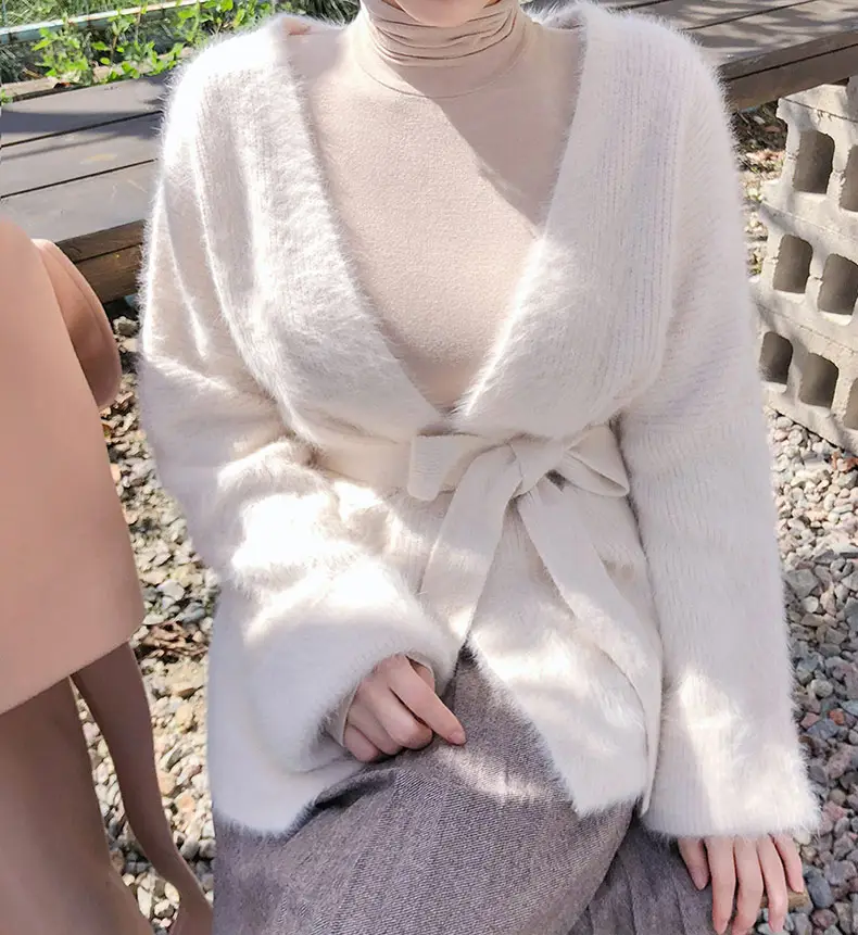 2023 White big size Mink Cashmere Girl's Winter Cardigan Coat With Belt New knitting Thick Angora Fluffy Sweater JNS033