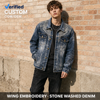 Veste en jean épaisse pour homme, personnalisée, délavée à l'indigo, effet vieilli, avec broderie d'ailes, boutons en laiton, style streetwear vintage oversize