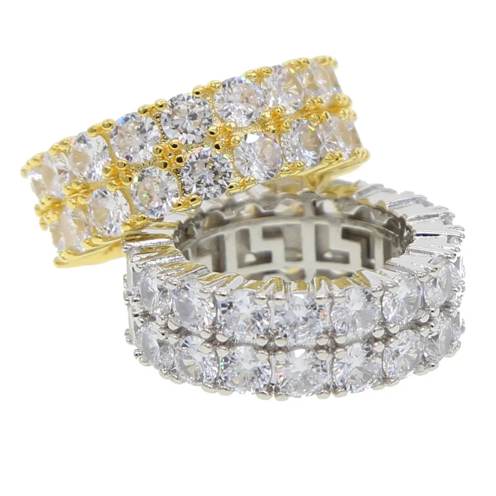 خاتم هيب هوب ذو صفين من الزركون مجوهرات عصرية عالية الجودة خاتم ماسي كامل من الذهب عيار 18 قيراطًا للرجال للبيع بالجملة