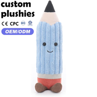 Poupée en peluche crayon en velours côtelé bleu personnalisée OEM, jouet en peluche de dessin animé avec visage souriant et petits pieds, idéal pour les cadeaux d'étudiants