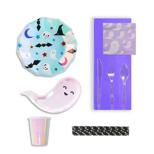 Partybus mutável cor fantasma papel placas e copos descartáveis Halloween Dinner Party Tableware Set