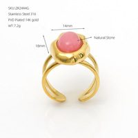 Bague ouverte réglable en acier inoxydable 316 plaqué or 14 carats avec double couche de pierres naturelles roses