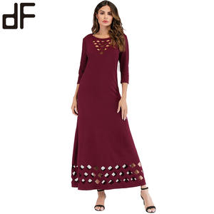 OEM abiti da donna Casual Maxi Dress da donna fantasia <span class=keywords><strong>bordeaux</strong></span> Burn Out 3/4 maniche lunghe abito <span class=keywords><strong>in</strong></span> Jersey lavorato a <span class=keywords><strong>maglia</strong></span> <span class=keywords><strong>bordeaux</strong></span> per le donne - Product Image 1