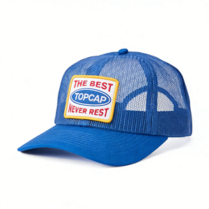 Cappellino Trucker TOPCAP Custom Best Never Rest Full Mesh Snapback a 6 Pannelli, Profilo Medio, con Patch Tessuta, Blu, Traspirante, 100% Poliestere - Product Image 1