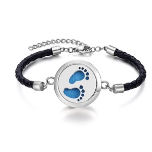 Custom 316L Stainless Steel Jewelry Kids Footprint Classic Essential Oil Diffuser 18K Gold Plated <b>Leather</b> <b>Bracelet</b> Gift - Product Image 4