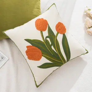 2024 New Design Multi Color Tulip Embroidery Square Cushion Sofa Pillow Case For Home Living Room