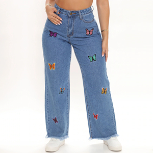 Jeans de Mezclilla Bordados Personalizados con Bajo MOQ de Alta Calidad para Mujer, Corte Holgado, Pierna Recta y Talla Grande - Product Image 1