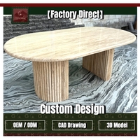 Table à manger ovale en travertin GOLDKING avec piétement cannelé pour villa moderne, hôtel, restaurant, fabrication OEM ODM directe d'usine
