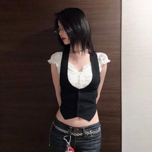 เสื้อกั๊กสตรีแบบสองชิ้น ติดกระดุม แขนกุด ทรงเบลเซอร์ แต่งผ้าแบบแพทช์เวิร์ค สไตล์วินเทจ Y2K เสื้อสตรีทแวร์ - Product Image 1