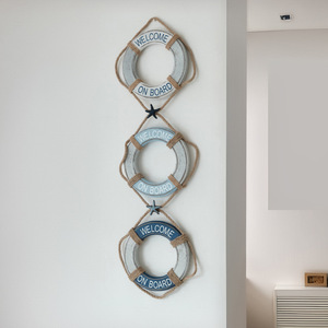 Mediterranean Style Wooden Life Ring Wall Sculpture 3-Piece Set Home <b>Decor</b> Circular MDF Vertical Design - Product Image 5