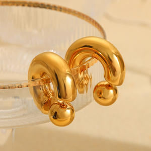 European Popular Stainless Steel 18K PVD Plated Chunky High Polished CC Shape <strong>Unusual</strong> Detachable Ball Plug <strong>Women</strong> Hoop Earrings - Product Image 2