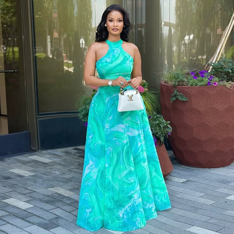 Chic Halter Neck Sheer Long Dress with Blue New Design Comfort Women Clothes  Dresses| Alibaba.com