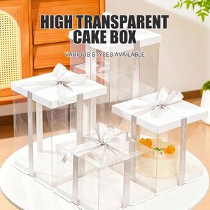 Square Clear PET Tall <b>Cake</b> <b>Box</b>, Fully Transparent Birthday <b>Cake</b> Packaging <b>Box</b> with White Cardboard Lid, Bakery Display <b>Gift</b> <b>Box</b> - Product Image 1