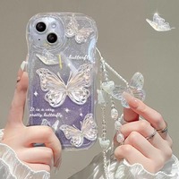 Coque de Téléphone avec Chaîne et Pendentif Papillon, Housse de Téléphone Mignonne Papillon pour iPhone 16 15 14 Pro Max