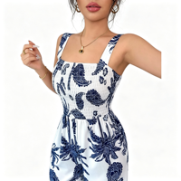 Combinaison sans manches à bretelles spaghetti imprimée et taille smockée, coupe large, pour femme, idéale pour les vacances, la plage et les tenues décontractées – Vente en gros personnalisée