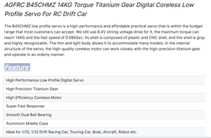 AGFRC B45CHMZ 45g 0.085S Motor Digital PWM Sin Núcleo de Perfil Bajo con Engranaje Metálico de Alto Torque para Expertos en Carreras RC de Derrapes y Función Follow Me - Product Image 6