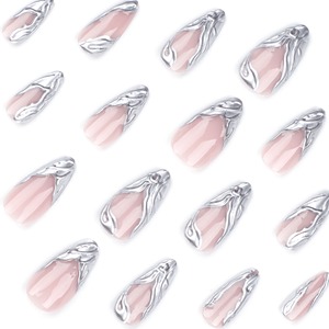 24 <span class=keywords><strong>Uñas</strong></span> Postizas Acrílicas Minimalistas Francesas en 3D, Color Plateado, Forma de Almendra Corta, <span class=keywords><strong>Uñas</strong></span> Artificiales, <span class=keywords><strong>Uñas</strong></span> Postizas 3326 - Product Image 4