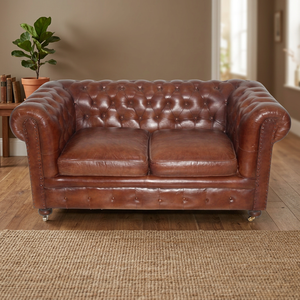 Antique Vintage Contemporary Square Solid <b>Wood</b> and Genuine Leather Two-Seater Living Room <b>Sofa</b> for Villas - Product Image 2