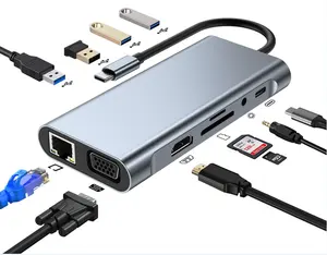 11 in 1 USB C集线器类型C适配器到4K HDTV VGA RJ45局域网以太网SD/TF集线器3.5毫米AUX 11端口坞站，用于笔记本电脑分离器