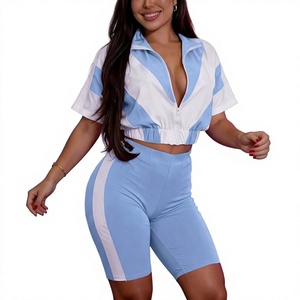 Conjuntos de 2 piezas para mujer, chaqueta corta con cremallera, pantalones cortos tipo ciclista, conjunto deportivo - Product Image 1