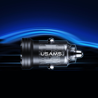 USAMS CC175 adaptor mobil 45W, desain transparan usb c ganda paduan aluminium transparan A + C pengisi daya mobil Mini untuk ponsel
