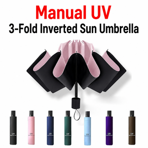 Parapluie inversé manuel JUNVOY à 3 plis, protection UV, revêtement noir, tube en fer renforcé, parasol de voyage, cadeau publicitaire - Product Image 2