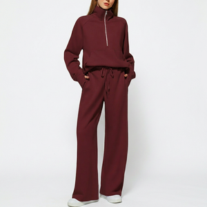 Ensemble de survêtement bordeaux pour femme, manches longues, demi-zip, couleur unie, décontracté, respirant, coupe ample avec poches latérales, idéal pour l'automne - Product Image 1
