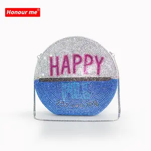 Luxury high quality happy bling rhinestone handbags ladies dinner bag wedding glitter chain sumptuous women clutch evening bags