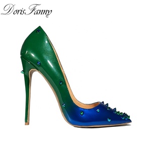Blue and Green Rivets Pointy <b>Toe</b> Thin <b>Heels</b> Summer Women's Slip on Pumps Sexy Party Fancy Shoes - Product Image 5