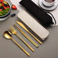 Ensemble de couverts portables 18/10 en acier inoxydable avec étui, cuillère, fourchette, baguettes, couleur or, pour voyage, camping, extérieur