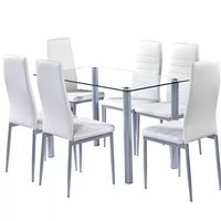 Ensemble Table à Manger 4/6 Places, Piétement et Chaises en PU Rembourré, Plateau en Fibre de Verre Carré, Métal, Échantillon Gratuit, Classique Moderne