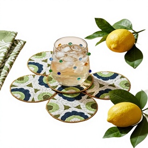 Sous-verre décoratif en coton polyester brodé de perles, design bohème, fait main, réutilisable, écologique, diamètre 300 mm - Product Image 1