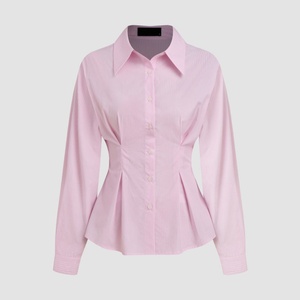 OEM Verano de alta calidad de las mujeres de color rosa de manga larga recortada blusa personalizada 100% algodón Polo abotonado raya cintura-ceñido camisa - Product Image 3