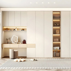 Armoire moderne au toucher doux, minimaliste, avec bureau intégré et coiffeuse, sans poignées, placard de chambre encastré en MDF, pour projets scolaires - Product Image 1