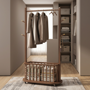 Porte-manteau moderne en bois massif avec crochets et panier de rangement, meuble d'entrée polyvalent sur pied pour salon et chambre - Product Image 1