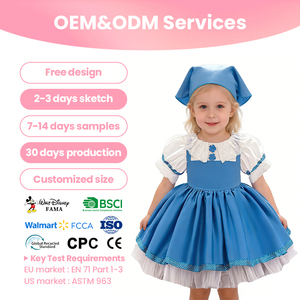 Costume <span class=keywords><strong>Alice</strong></span> <span class=keywords><strong>au</strong></span> <span class=keywords><strong>pays</strong></span> <span class=keywords><strong>des</strong></span> <span class=keywords><strong>merveilles</strong></span> pour filles, robe bleue, tenue à manches bouffantes blanches, chapeau, fête pour enfants, cosplay, vente en gros, faible MOQ, OEM personnalisé - Product Image 1