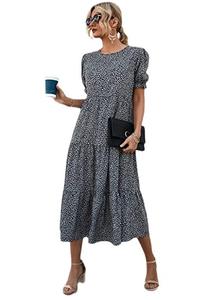 ملابس أوروبية للنساء الصيف فستان بوهيمي غير رسمي جديد طباعة الأزهار بيبلوم فقاعة الأكمام ارتفاع الخصر منتصف طول فستان الشاطئ - Product Image 4