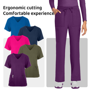 Women V-Neck Scrub Tops And Pants Set Moisture Wicking Knitted Two Piece Medical Uniforms For Nurses Doctors Rose Red Royal - Product Image 2