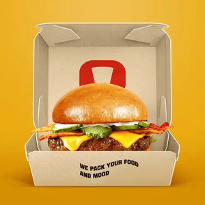 กล่องเบอร์เกอร์และซูชิแบบกำหนดเองได้ ทำจากกระดาษคราฟท์รีไซเคิล รูปทรง F-Flute  พร้อมลายนูน เคลือบ UV วัสดุเกรดอาหาร สำหรับออกแบบโลโก้และบรรจุภัณฑ์ - Product Image 1
