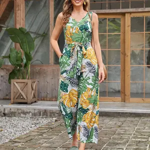 Women Suspender Jumpsuit Vintage Mature Ladies Rayon Floral Print Elegant Tropical Print Slant Pocket Belted Jumpsuit