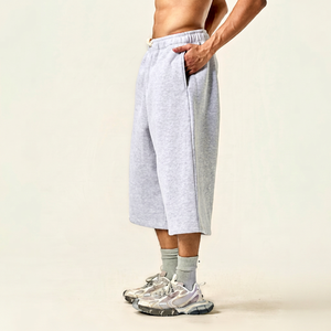 Shorts Bermuda Vintage en Coton Gris Polaire pour Homme, Taille Élastique, Coupe Ample, Décontracté, Idéal Été, Cinq Poches, Fermeture à Cordon - Product Image 1