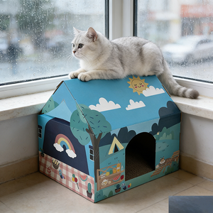 Cama para Gatos con Ilustración de Parque de Atracciones y <span class=keywords><strong>Bosque</strong></span>, Casa de Cartón, un Clic para Rascar, Esconderse y Descansar - Product Image 1