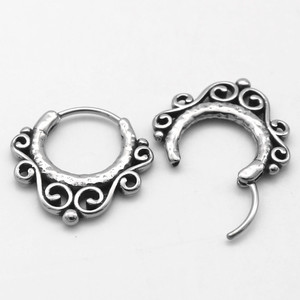 Pendientes de aro de plata tibetana yunnique con patrón calado, joyería de acero inoxidable 316 para uso en la moda - Product Image 3