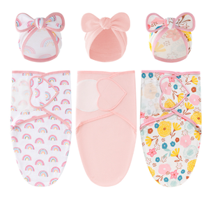 Набор из 2 пеленок-одеял с шапочками для младенцев, хлопковые пеленки для новорожденных 0-12 месяцев, дышащие пеленки-коконы, незаменимые для новорожденных - Product Image 1