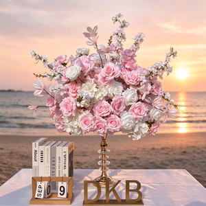 Centro de Mesa de Rosas Artificiales Rosa y Blanco de Alta Simulación, Arreglo Floral de Seda Mixta para Decoración Romántica de Mesa de Boda de Ensueño - Product Image 1