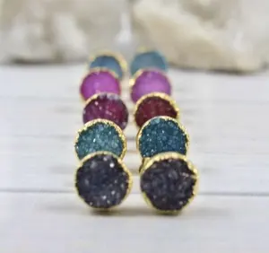 LS-A743 Fashion 8mm Round Drusy Stud Earring for Women, Wholesale Gold Color Dyed Blue Druzy Stud Earrings