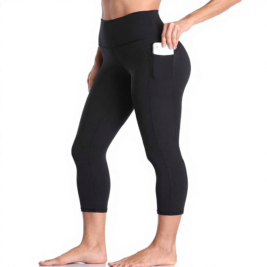Women's Solid High Waisted Wrinkle-Resistant Tummy Control Yoga Capris 21" Inseam Spandex/Polyester Pants with Pockets