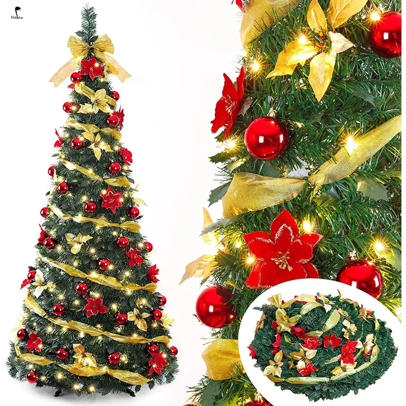 Helen Hoge Kwaliteit Hot Selling Versierde Pre-Lit Pop-Up Kerstboom, Rood Goud