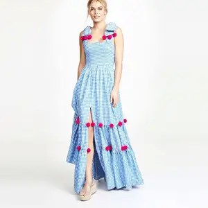 Wholesale custom ladies yarn dyed plaid check cotton fashion slit elegant handmade maxi plus size women bohemian beach dress
