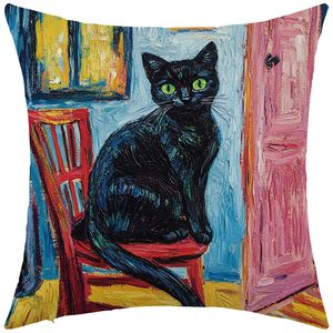 Funda de almohada cuadrada con diseño de gato negro, funda de cojín lavable con patrón de dibujos animados bohemios para decoración de sofá de sala de estar - Product Image 3